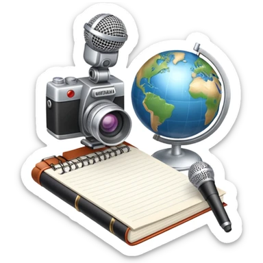 An icon showing a microphone, a notepad, and a camera, symbolizing journalism. The design includes a globe in the background, representing global news, and a breaking news banner for emphasis. Transparent background highlights the dynamic world of media and reporting. sticker