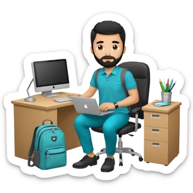 man with blackshot male hair and black hair and beard and hes in a office with his grey backpack on the floor and he has a tourquos polo shirt with backpack on floor on desk computer and grey pants sticker