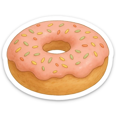 A donut with sprinkles in Ghibli style, detailed, soft pink colors, with no background sticker