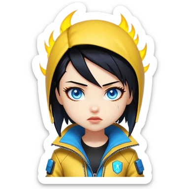 Black hair cyberpunk 2077 chibi girl with blazing blue eyes and yellow jacket from the animation show cyberpunk edge runners. All emotion reactions sticker
