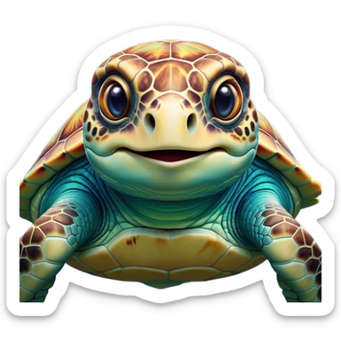 Cinematic Realistic Comical Sea Turtle Portrait Emoji, Head tilted dramatically with an exaggeratedly amused expression, featuring a robust, intricately patterned shell and wide, expressive eyes filled with playful disbelief, rendered with vibrant, lifelike detail and natural coastal light; high shine, dramatic yet playful, styled with an air of cheeky marine mischief, soft glowing outline, capturing the essence of a spirited and over‐the‐top sea turtle that looks ready to bob its way into viral fame! sticker