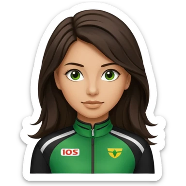 brunette long hair woman with black racing outfit with green strips sticker