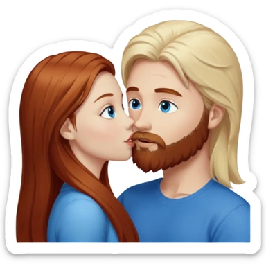 Long-pale-blonde hair, beautiful girl with blue eyes facing, kissing reddish-brown hair-beard boy blue eyed white guy sticker