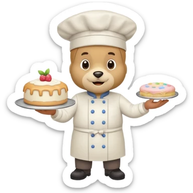 quiero un oso de pie con un delantal de pasteleria y un jorrito de chef que una mano tenga una manga oastlera sticker