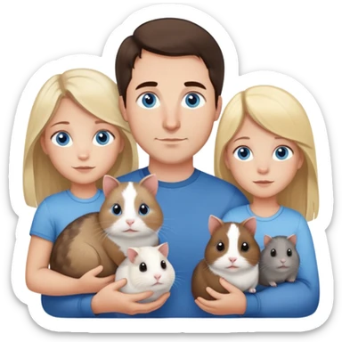 Family portrait with father with dark brown hair and blue eyes, mother with light brown hair and blue eyes, three blonde little girls with blue eyes, plus a grey cat and two guinea pigs sticker
