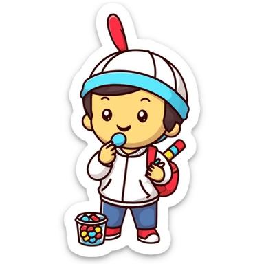 happy kid with helicopter hat eating candy sticker