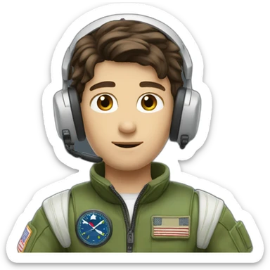 A young white male tennager with dark brown hair and brown eyes in a pilot suit and wearing a green Pilot headset sticker