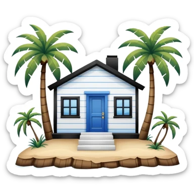 A square white and blue stripe house horizontally with wooden door on a island with palm trees sticker