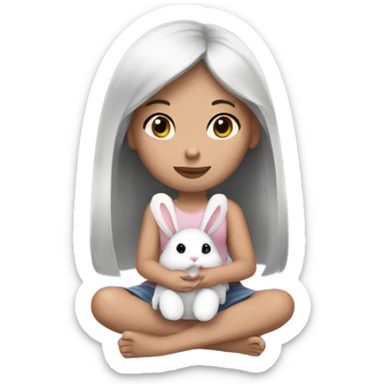 girl sitting holding a little bunny black hair and medium white skin tone sticker