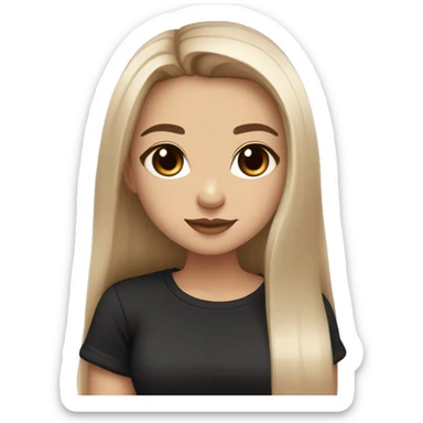 Slavic girl, light skin, long eye lashes, pink beige lips, brown eyes, long black-to-blonde ombre straight hair, black T-shirt, chibi, smiling. sticker