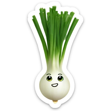 Smiling green onion with a bundle of long, thin green stalks as hair, big expressive eyes, and a cheerful cartoonish face on the white bulb section. Vibrant and playful design. sticker