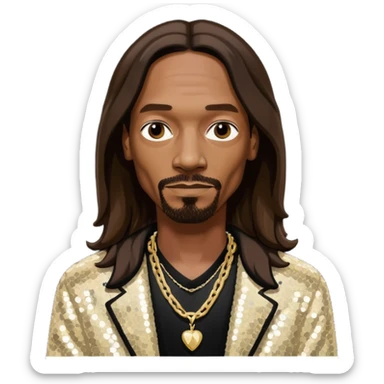 Snoop Dogg with long dark brown hair, ivory sequin jacket, black shirt with necklace sticker
