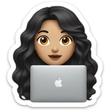 Korean girl with long and wavy black hair in front of her macbook, face a bit more white sticker