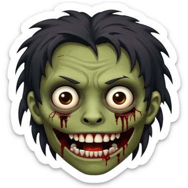 Brown-skinned zombie with messy black hair, wide centered brown eyes, dark bloody marks under the eyes, and a slightly open mouth showing crooked teeth grillz, giving a distressed, undead look. sticker