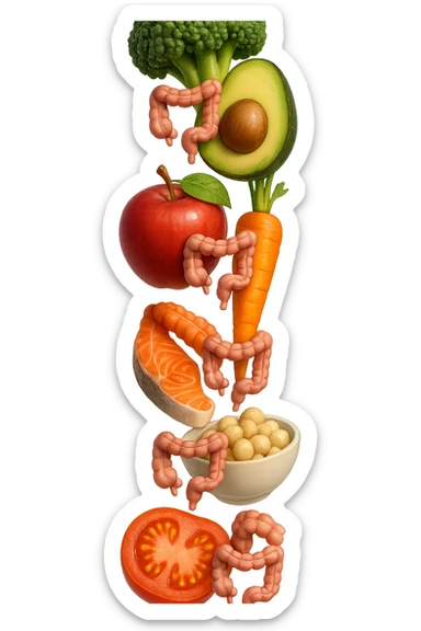 cibo sano fluttua in aria verticalmente stringendo piccoli colon umani, stile emoji iphone, iperrealistico 4k sticker