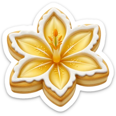 Realistic shortbread cookie in the shape of a lily flower with pastel yellow color jelly middle filling and sprinkled powder sugar on top. sticker