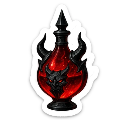 modernus prabangus eliksyro buteliukas, raudono demono lašo forma, Discord edgy ir cool stilius, tamsiai raudona spalva, juodi ir sidabriniai ornamentai, stiprūs magiški švytėjimai ir efektai, labai mažas kaklelis, skaidrus fonas, vientisas dugnas, be šešėlio, plūduriuoja ore, kolekcijos stilius sticker