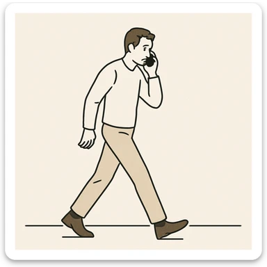 A man pacing back and forth while on the phone, looking distracted, simple setting. sticker
