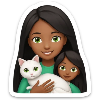 black girl with brown eyes with straight long black hair with a side part.  holding a female white cat with green eyes sticker