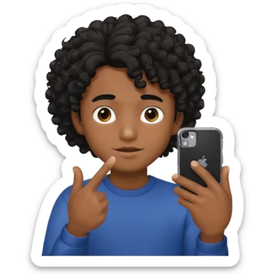 A circular black and white emoji in which a boy is hiding his face with his fingers white taking the selfie and his hair are curly sticker
