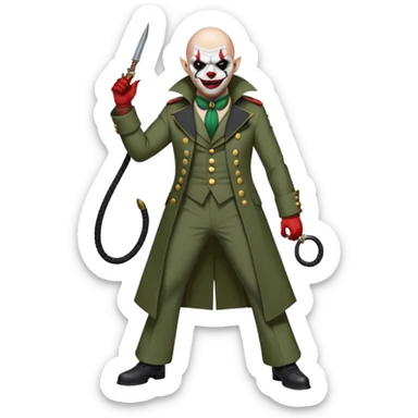 evil clown, bald, black horns on forehead, fangs, pointed ears, eye patch over one eye, long coat over black and military green leisure suit with bellbottom pants, tail, holding a different style of whip, realistically proportioned, less bulky, full body, battle-ready, fighting posture sticker