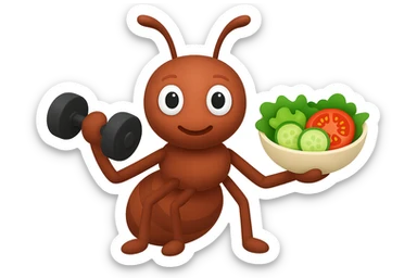 EMOJI STILE IPHONE 3D DI UNA formica CHE ha un manubrio da palestra nella mano destra e un insalata nella mano sinistra, FAGLI GLI OCCHI CON LA PARTE BIANCA, NON SOLO LA PUPILLA sticker