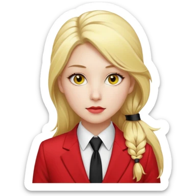 Woman with porcelain white skin, thick blonde hair that's in a thick, long ponytail, has a black tipped nose, yellow scleras, red pupils, and a red suit with a black tie. sticker
