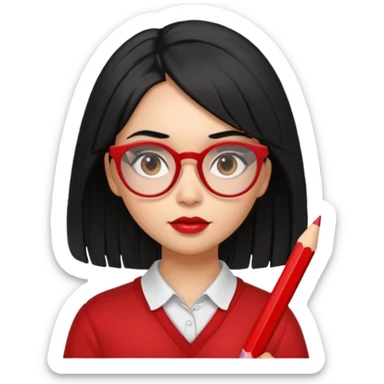 Morena girl with black hair in a pencil that creates a hun hairstyle. She has red glasses sticker