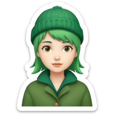 Girl with green hair wearing winter coat and a woolen hat with a relaxed posture and friendly face sticker