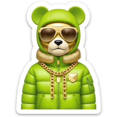 geometric bearbrick in lime balaclava with brand logos, luxurious puffy winter jacket with fur collar, futuristic one-piece shield sunglasses, multiple gold chains, hip hop style sticker