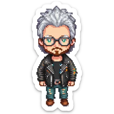 cool cartoon character with spiky gray hair, glasses, beard, black leather jacket, blocky video game avatar style sticker