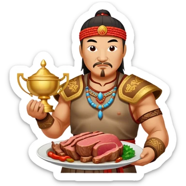 genghis khan holds a cooket meat on a dish on his right hand and holds a trophy on his left hand sticker