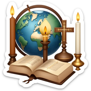 An icon featuring a holy book, a candle, and a cross, symbolizing religious studies. The design includes a globe with various religious symbols: a crescent moon and star (Islam), a lotus flower (Buddhism), representing global belief systems. Transparent background. sticker