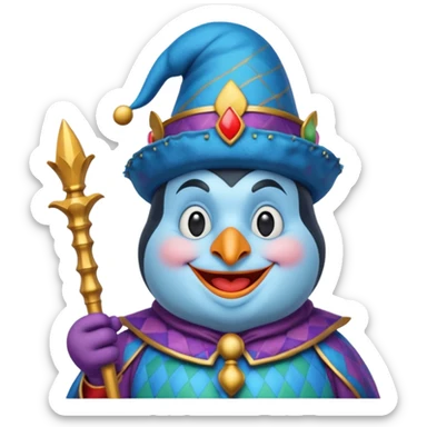 crazy colorful pudgy penguin jolly joker, medieval, vintage, court jester, mac os icon, blue color sticker