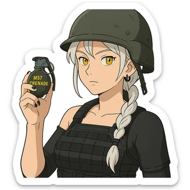  a closeup portrait of young woman with gold yellow eyes, white hair, long braid, black off-shoulder top d-cup, punk gothic style, futuristic cyberwave cyberpunk,  she has a plate carrier armor vest , and a old-style steel bulletproof combat helmet. holding up a m67 hand grenade  sticker