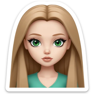 pretty bratz girl, long straight light brown hair, jade green eyes, black eyeliner, pale skin, dark feminine aesthetic sticker
