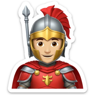 A friendly Trojan warrior mascot with a large cartoon-style head, wearing a silver helmet with a red crest and black cheek guards. confident smile. The character wears dark armor with metallic details and a bright yellow cape sticker