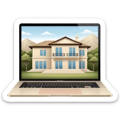 
light beige open macbook sideways with luxury villa on screensaver sticker