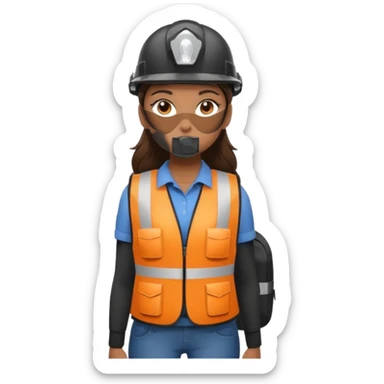 Brunette brown Girl full body standing with her white security helmet and security vest that fits her big on, also with her black backpack sticker