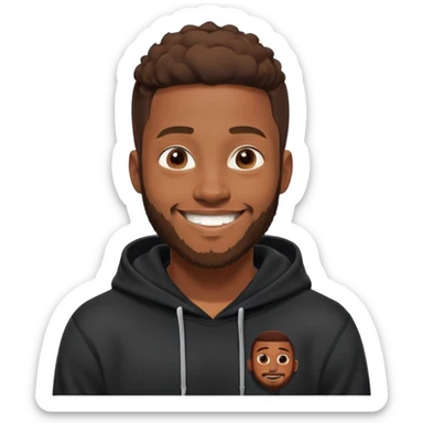 African yound man in his late 20s with a  bright smile with a short boxed beard, black hoody in Pixar cartoon style sticker