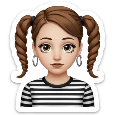a white girl with brown hair in very low pigtails black eyeliner big false eyelashes with a septum piercing nose piercing big hoop earings dermals close to the eyes one on each side wearing a black and white striped long sleeve shirt sticker