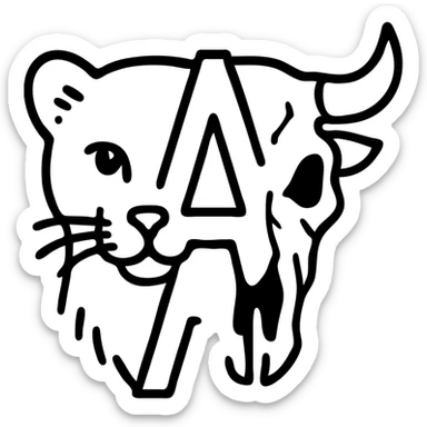 a red minimalist icon with sophisticated line art, left half showing stoat face with precise detailed fur lines, right half showing minotaur skull with intricate bone texture and broken horn, negative space in middle forms letter A, sparse overall but with high-quality detailed lines sticker