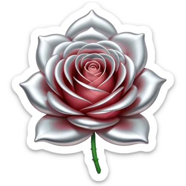 A rose emoji made of liquid silver metal, smooth metallic petals, reflective chrome surface, soft gradients, elegant shape, minimalistic iOS emoji style, centered, clean white background, realistic highlights, no text sticker