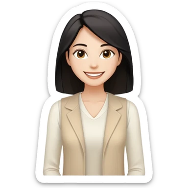 A woman with light to medium-toned skin, black shoulder-length straight hair, almond-shaped eyes, joyful smile, wearing a white long-sleeve top and a light beige sleeveless open-front vest, exuding warmth and elegance. sticker