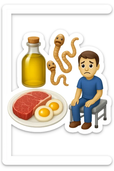 emoji stile iphone di UN PIATTO CON CARNE ROSSA E UOVA, UNA BOTTIGLIA DI OLIO DI SEMI, DUE PARASSITI TIPO LA TENIA, UOMO SEDUTO SU UN LETTINO DA FISIOTERAPISTA, IPERREALISTICO 4K sticker