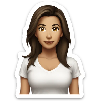 3/4 face, contrasted, shadow, light, Eva Longoria expression, standing, thin nose, brunette woman, hazel eyes, long eyelashes, dark shoulder shaded hair, white t-shirt, jeans, white sneakers sticker