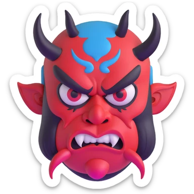 Japanese Tengu demon mask with thick black eyebrows, large cartoonish angry eyes, big curved red nose, black mustache, tongue sticking out, and blue sweat droplets on forehead sticker