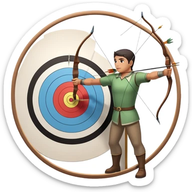 An archer drawing a bow and aiming an arrow at a target, with perfect focus and precision. The target is visible in the background, featuring concentric rings. The scene captures the concentration and skill involved in archery, emphasizing the elegance and accuracy of the sport. sticker