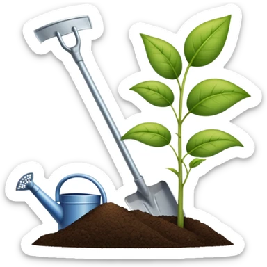 An icon featuring a shovel, a plant symbolizing agronomy. The design includes crops, a field, and a watering can, representing the science of soil management, crop production, and sustainable farming. Transparent background highlights agricultural research and growth. sticker
