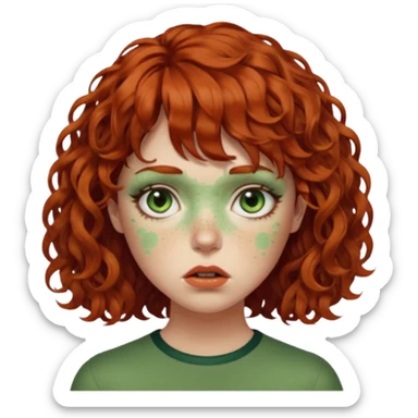 quero que você cria uma mulher, o rosto dela. nela, ela tem cabelo curto e ondulado, tem franja e ela tem semblante triste, deixe ela com pele verde. cabelo cacheado(avermelhado). ( ela tem aparência terroristica) olhos anormais assim como a boca) deixe ela com sardas sticker